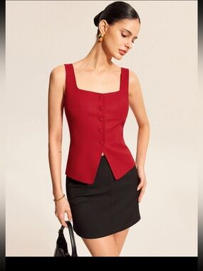 Commense Red cotton & linen square neck vest top